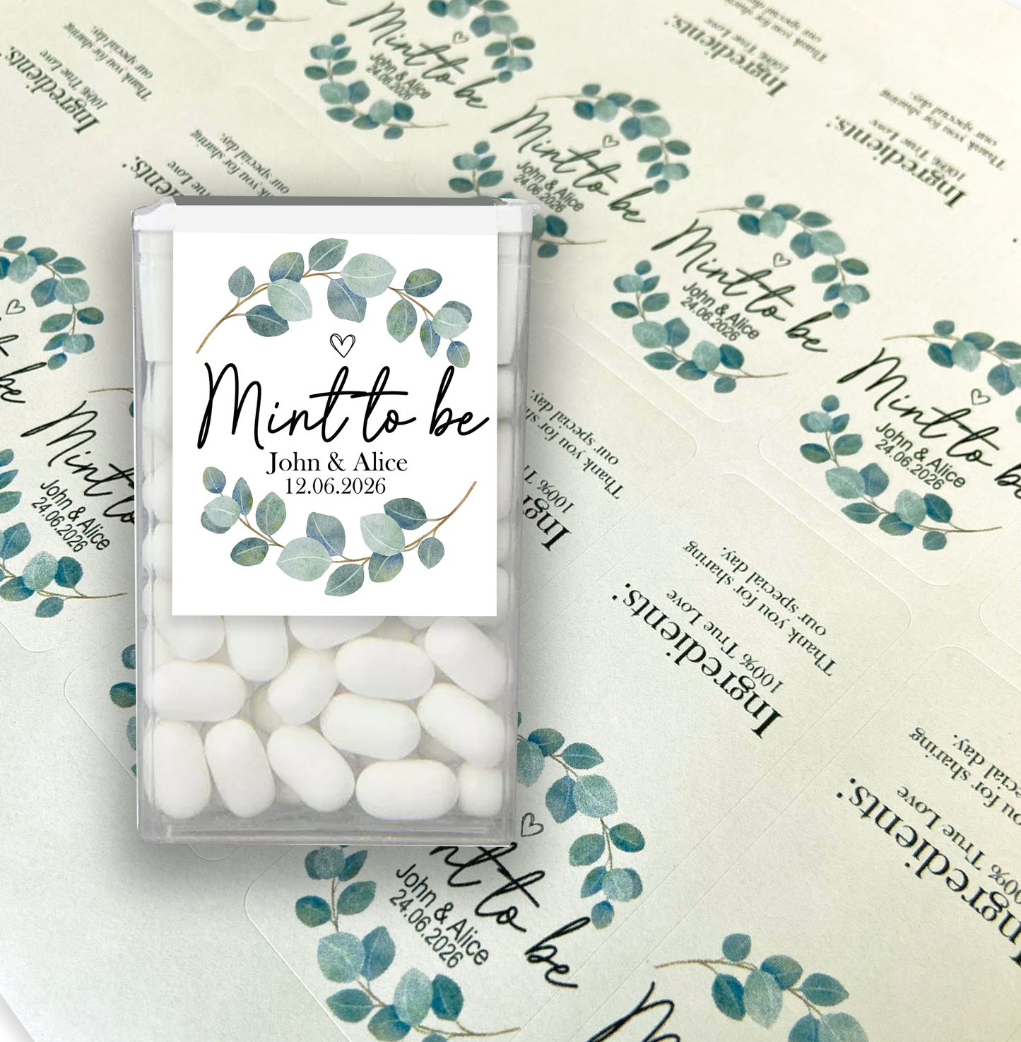 Personalised Mint to Be Stickers for Tic Tac Box, Green leaf botanic sticker wraps for mints, Custom Wedding Labels for mint favors