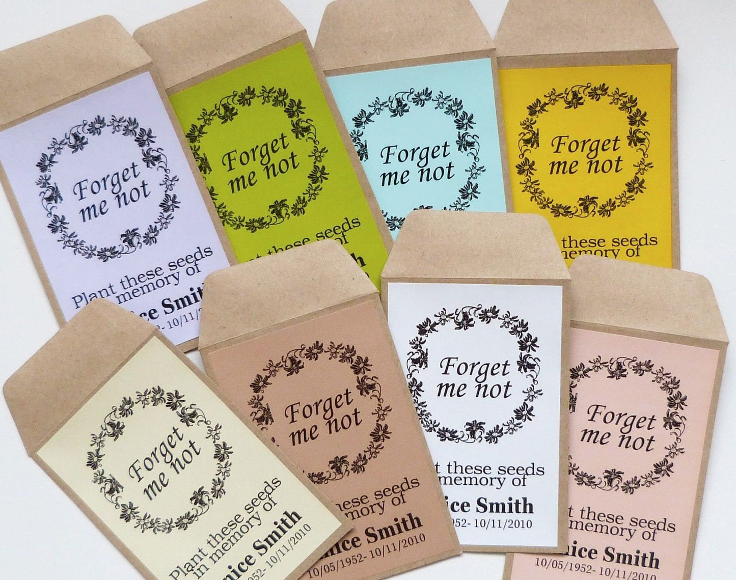 100 x funeral seed packets- forget me not personalised envelopes and stickers