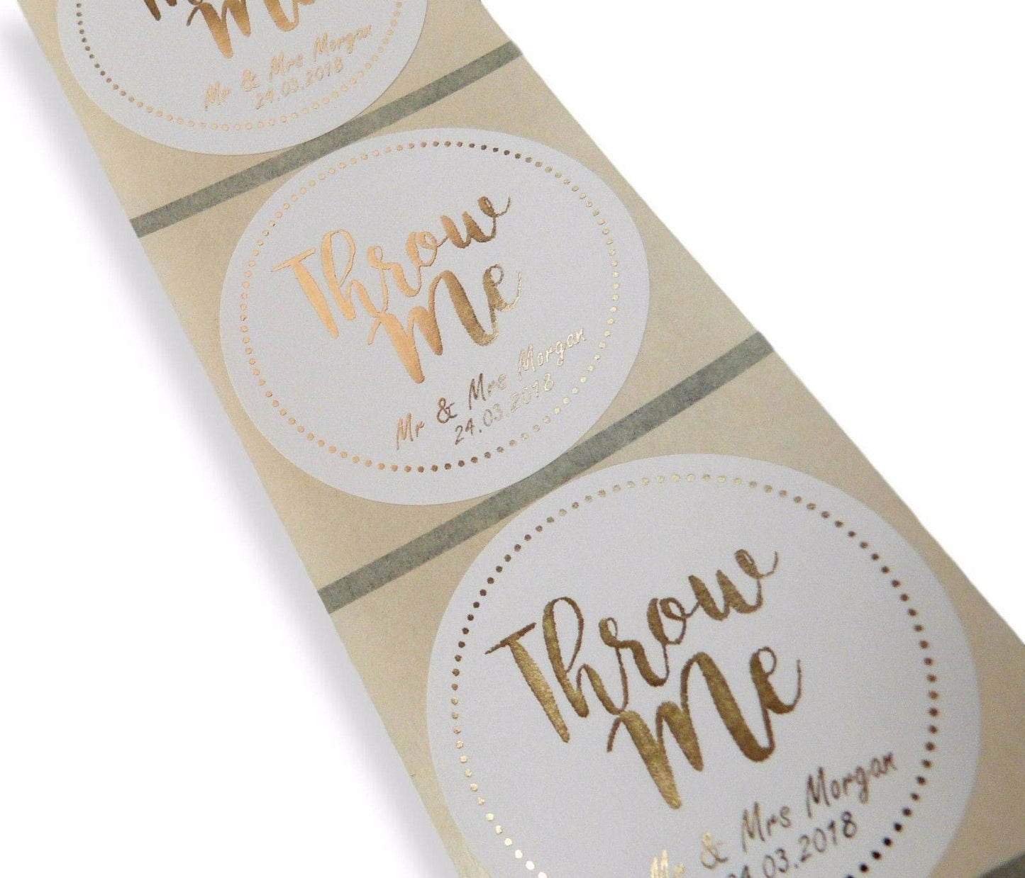 50 x 45mm Personalised gold foil throw me confetti wedding stickers labels custom names and date