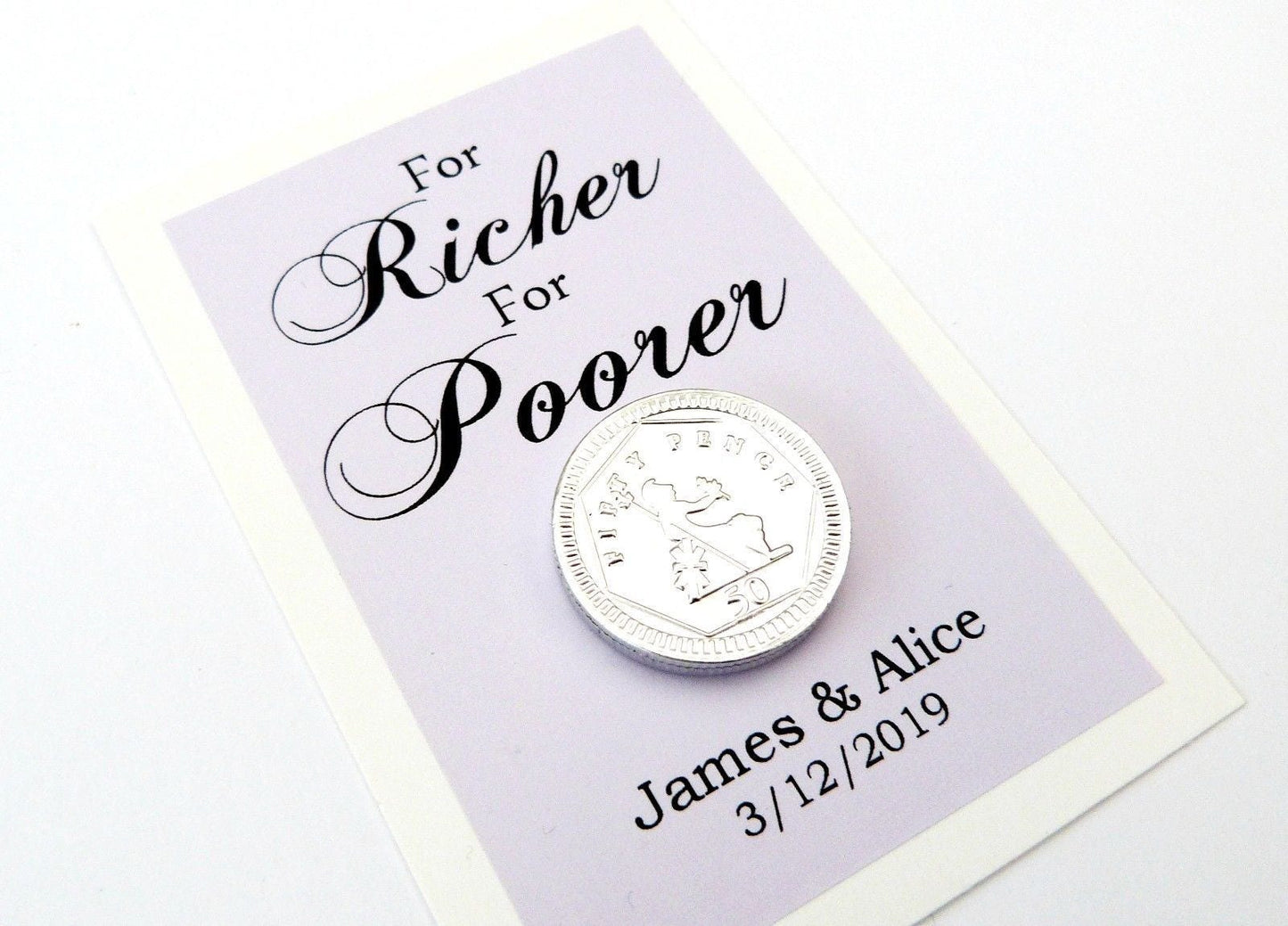 120x Personalised for richer for poorer wedding favour tags with chocolate coin