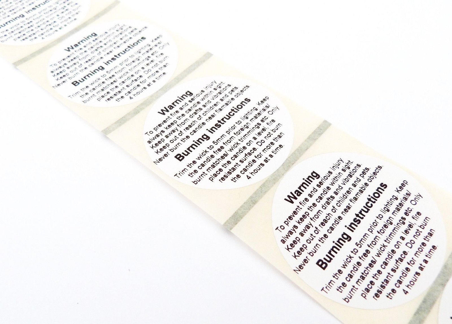 100 x 45mm round candle safety labels white warning stickers instruction