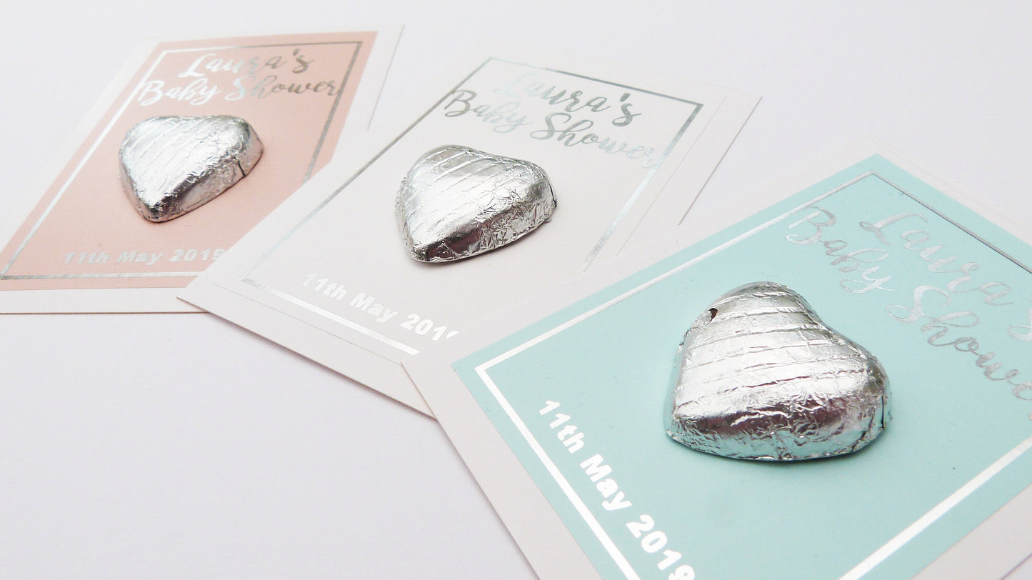 10 x Personalised silver foil printed baby shower thank you cards favours with milk chocolate hearts