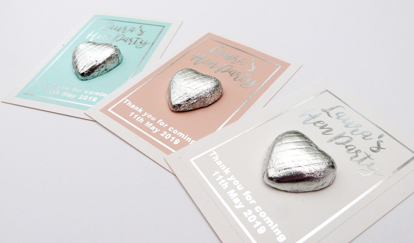 10 x Personalised silver foil printed hen party thank you cards with milk chocolate hearts