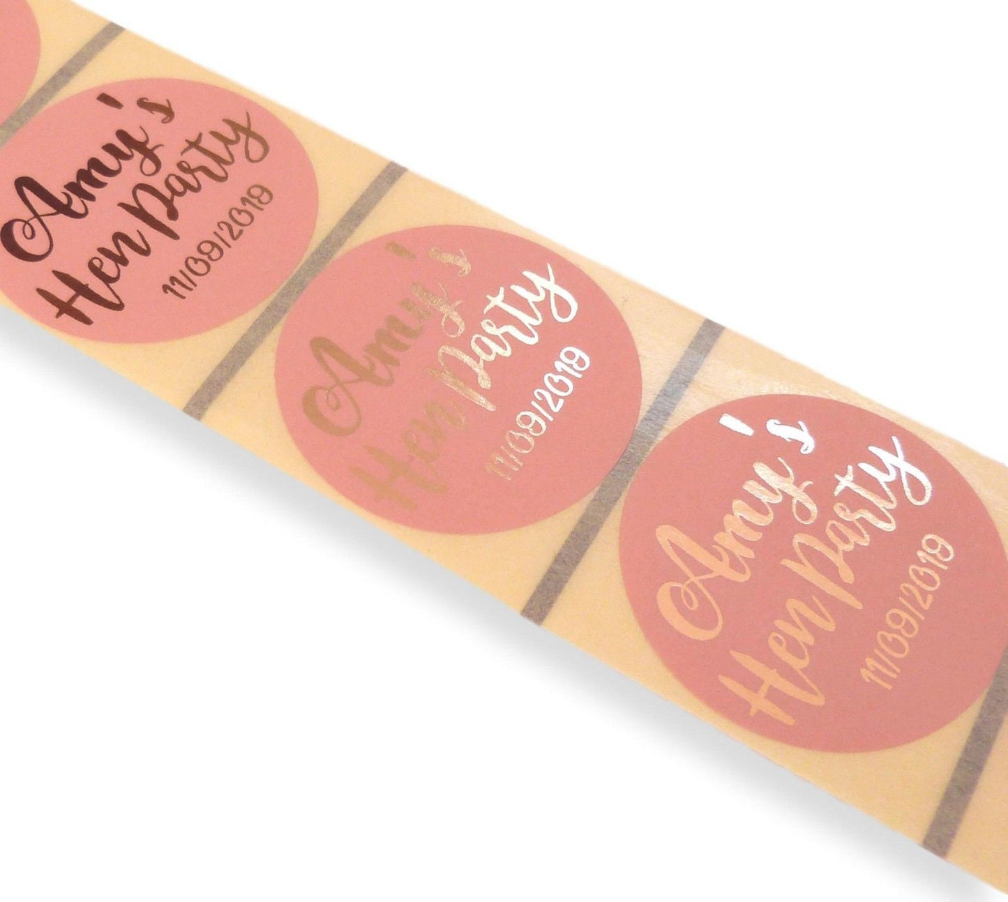 35 x Personalised pink hen party stickers with gold foil print name date labels hen do