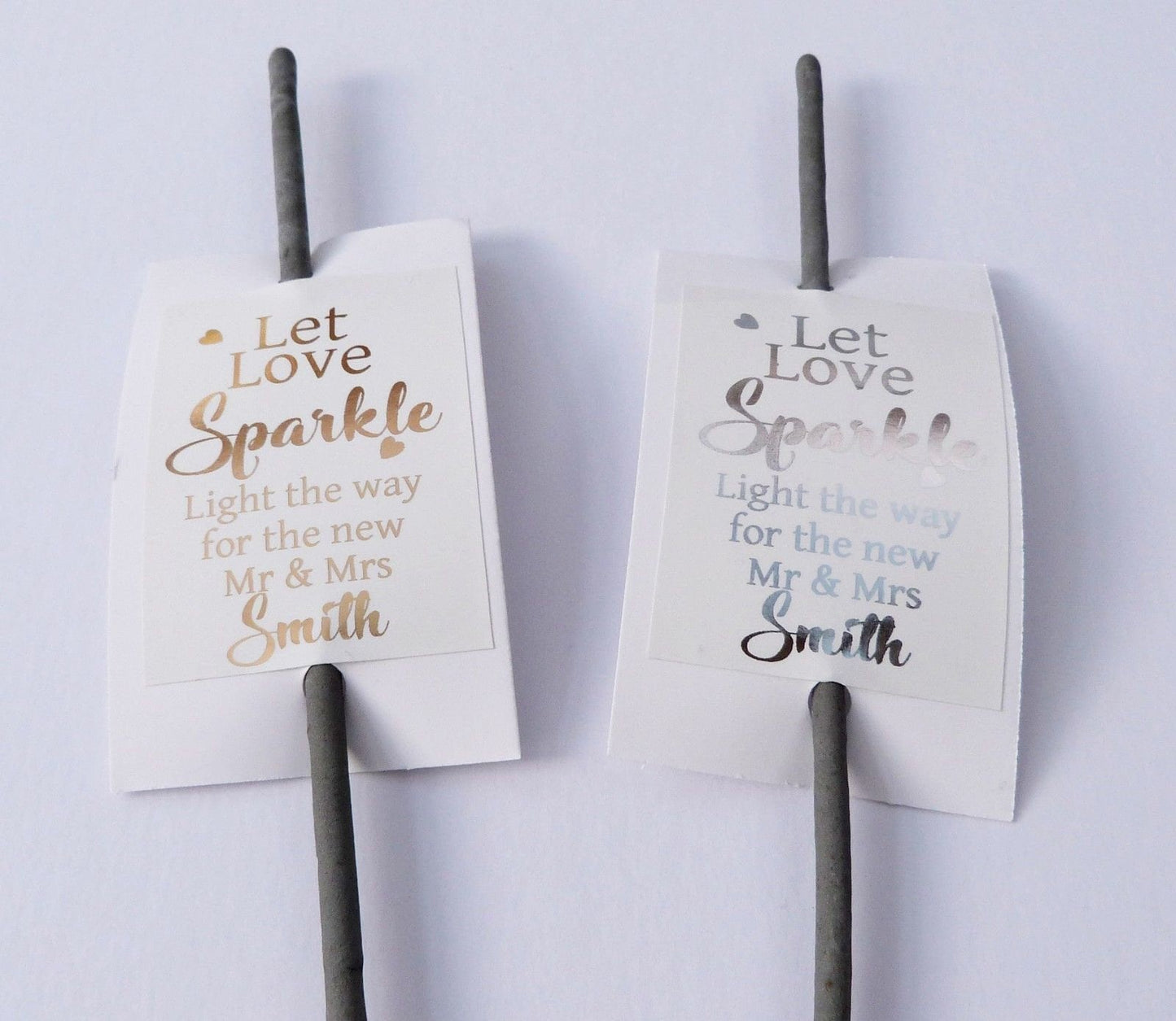 10 x Gold Silver foil printed let love sparkle wedding sparkler tags personalised surname