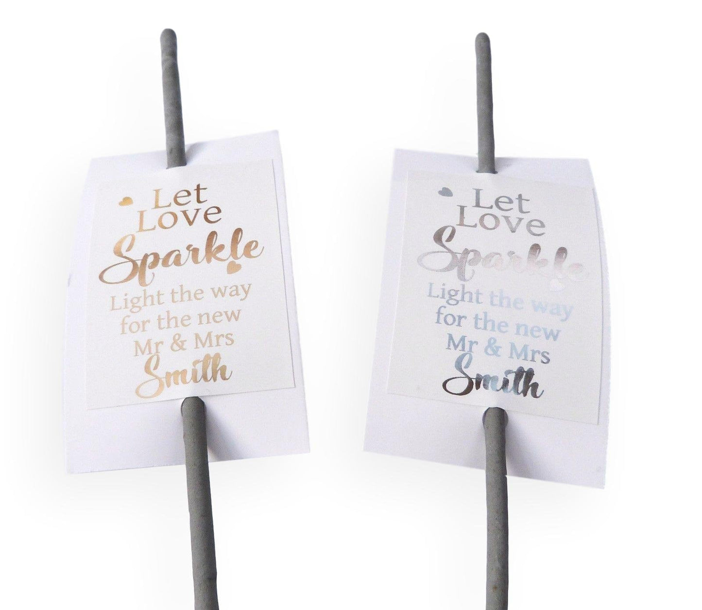 10 x Gold Silver foil printed let love sparkle wedding sparkler tags personalised surname