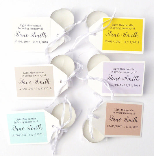 10 x Personalised tea light candles funeral favor gift In memory of rememberance
