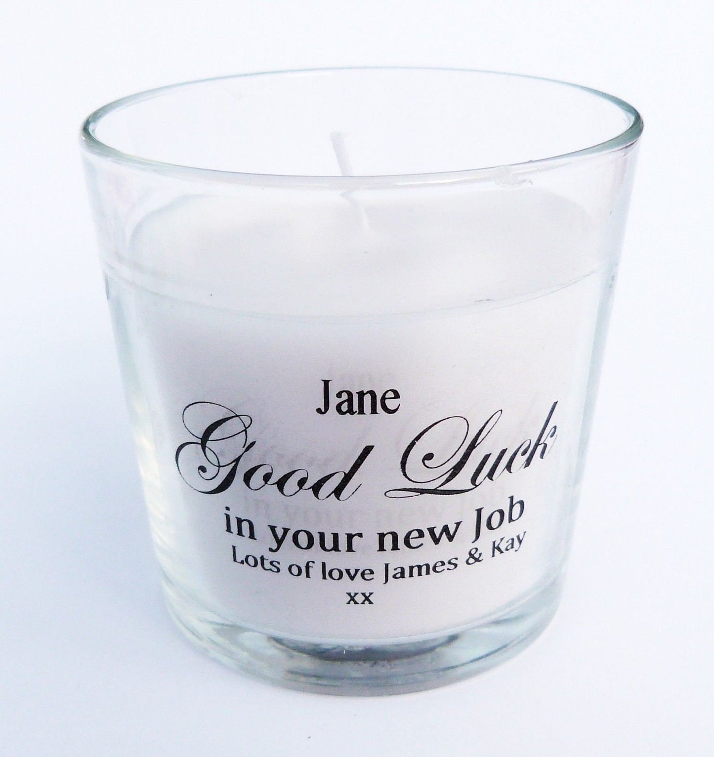 Personalised good luck candle new job gift name and message