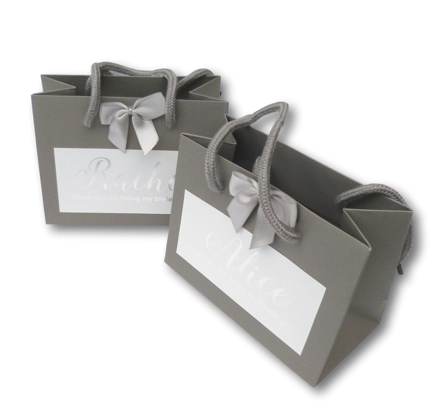Personalised silver foil printed grey gift bag white with silver ribbon wedding favour gift bags