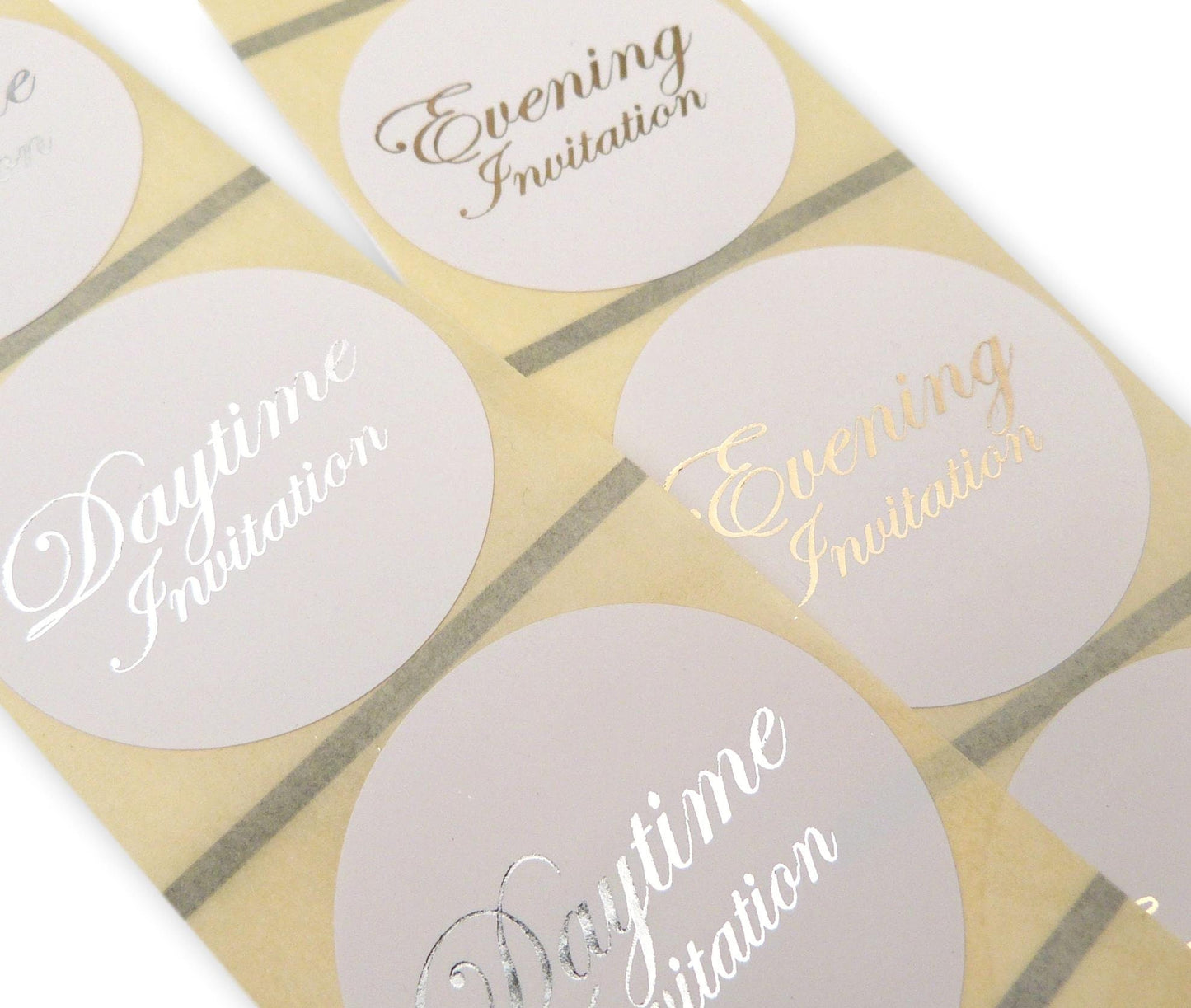 50 x 45mm white round Daytime evening invitation gold silver foil seal stickers labels