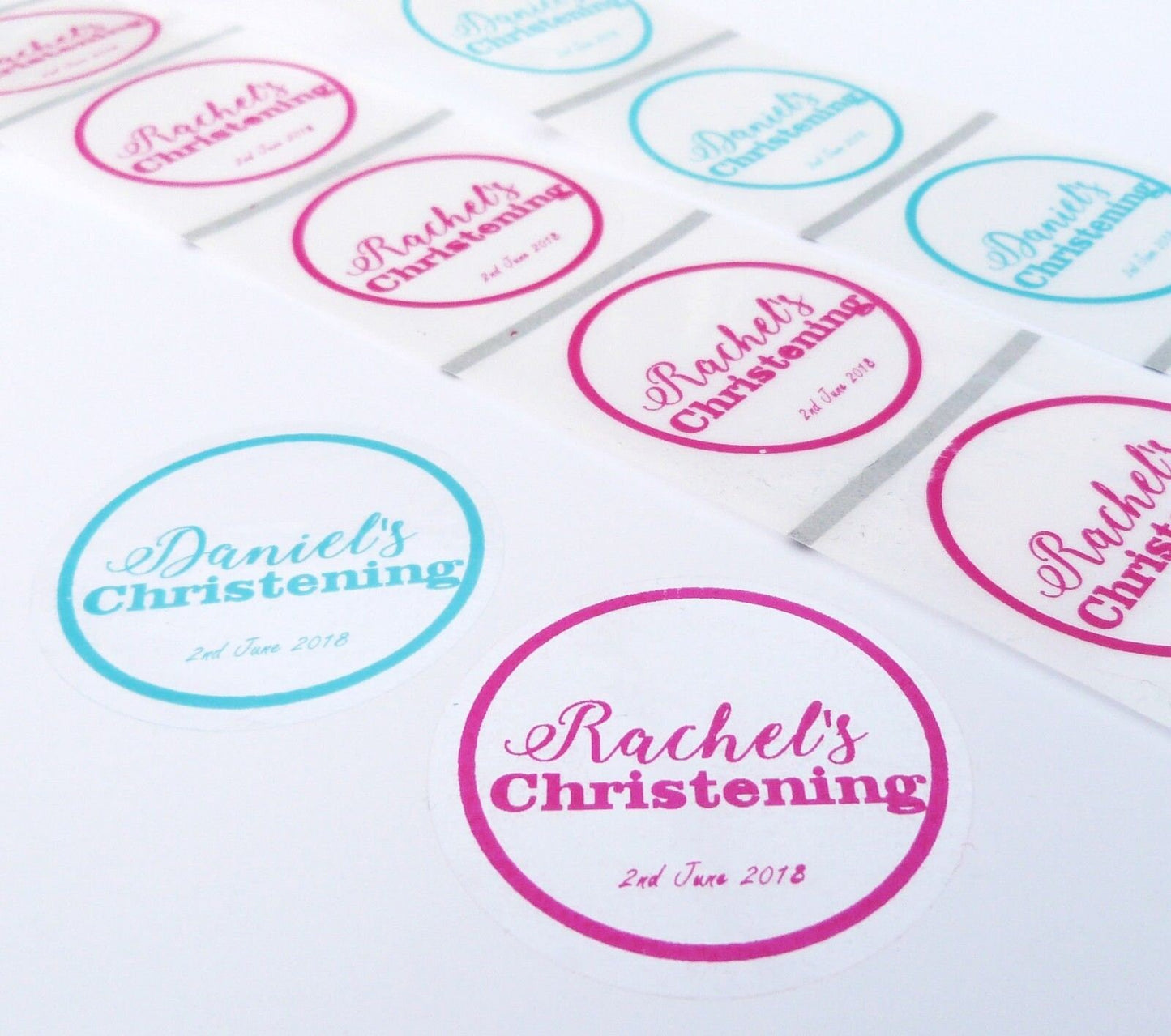 50 x 45mm round clear pink blue christening labels baby shower personalised stickers