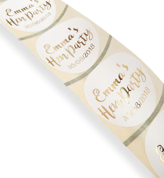 35 x 45mm white round hen party gold foil printed labels personalised name date sickers