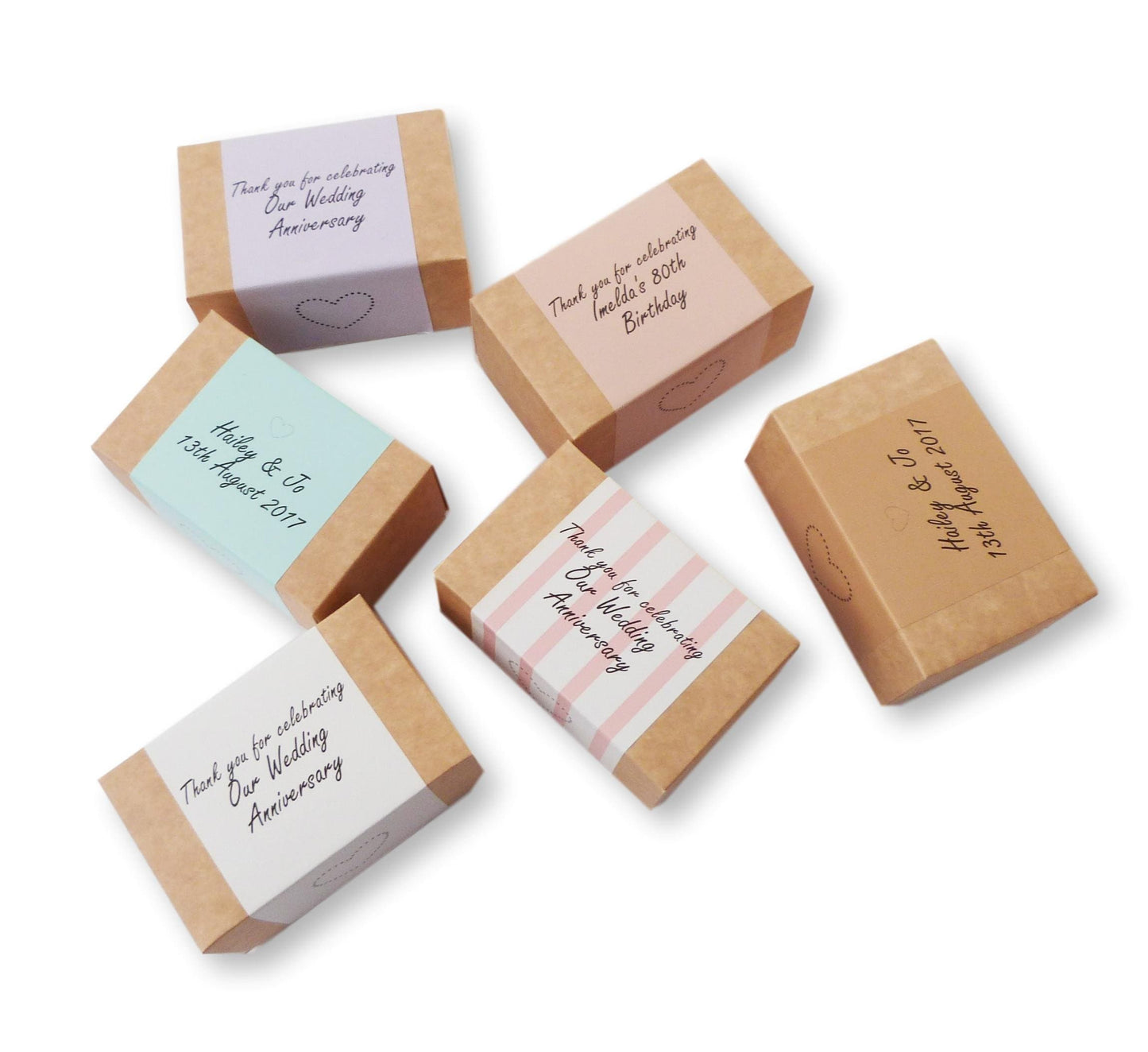 80 X Personalised brown cake boxes with personalised coloured label wedding birthday party