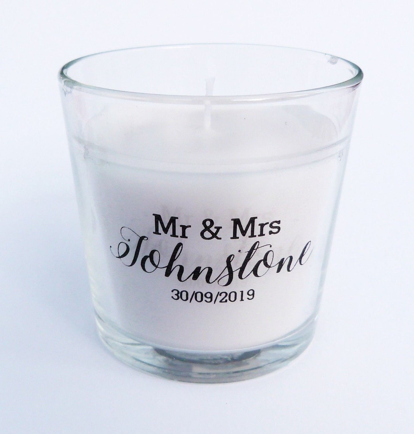 Personalised wedding gift scented candle Mr & Mrs custom name and date