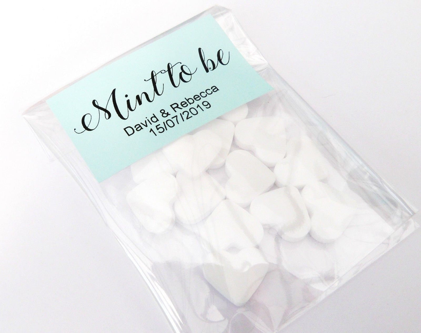 Personalised Mint to be coloured wedding favours table gift names date heart mints