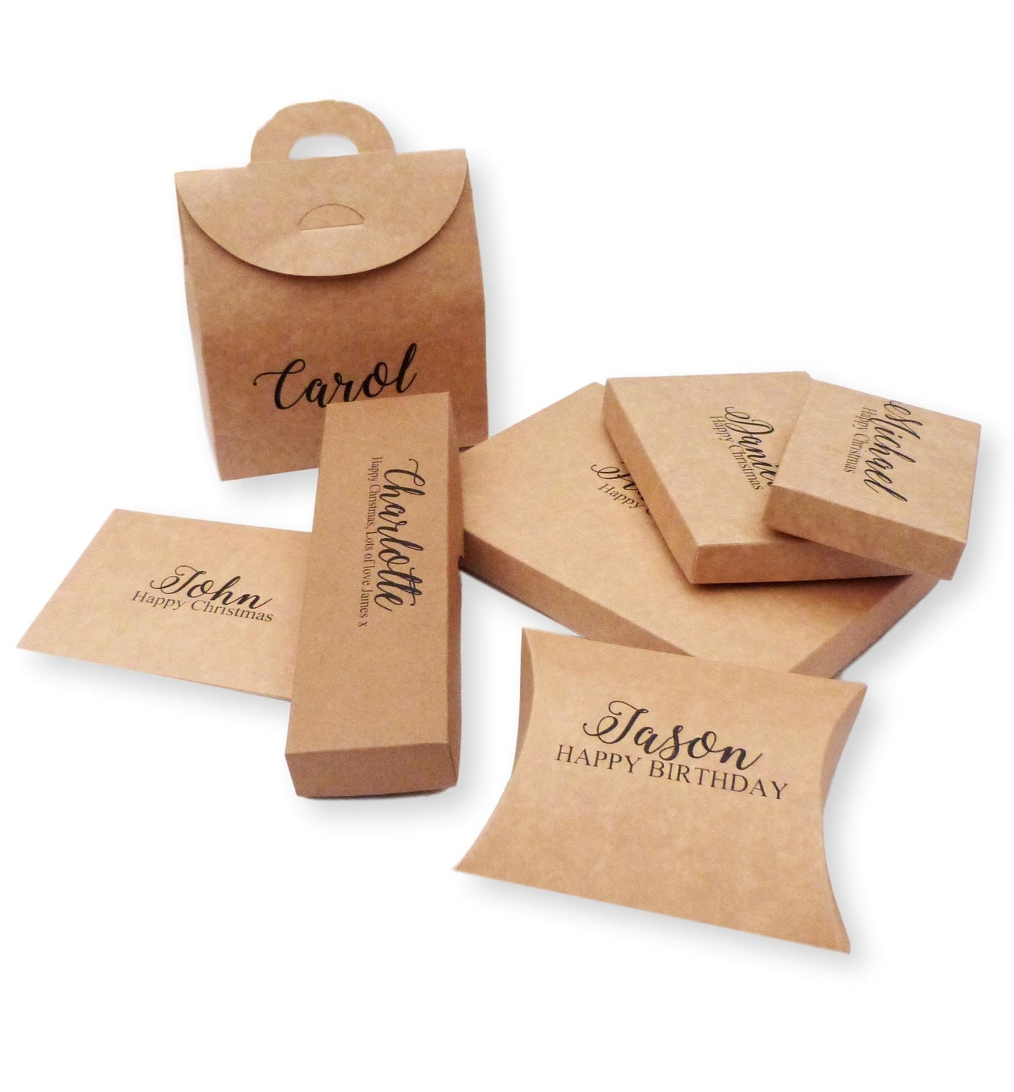 Personalised kraft brown pillow pouch gift box name / message wedding favour jewellery gifts