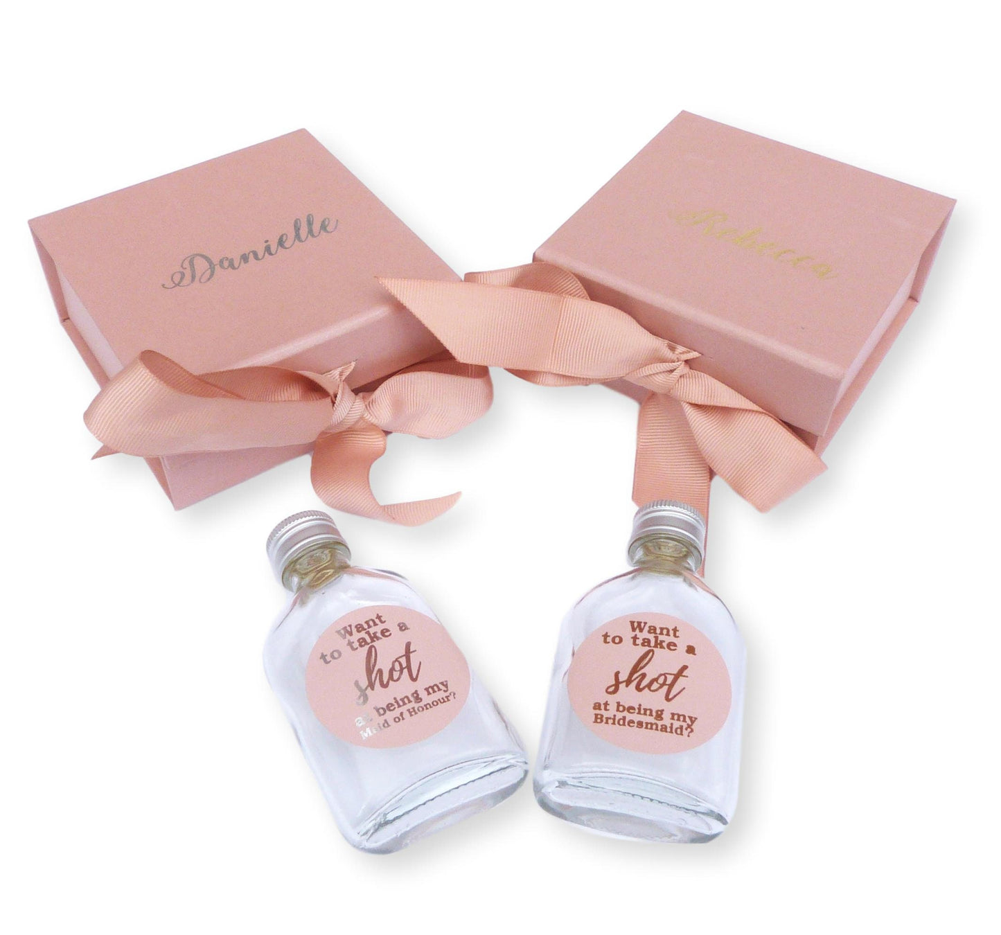 Personalised pink bridesmaid proposal box take a shot bottles 5cl Miniature gold silver foil print