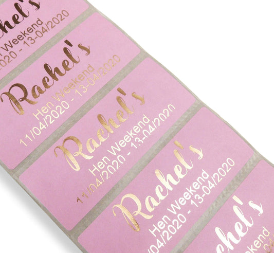 personalised pink hen party birthday labels gold foil metallic print stickers party favour