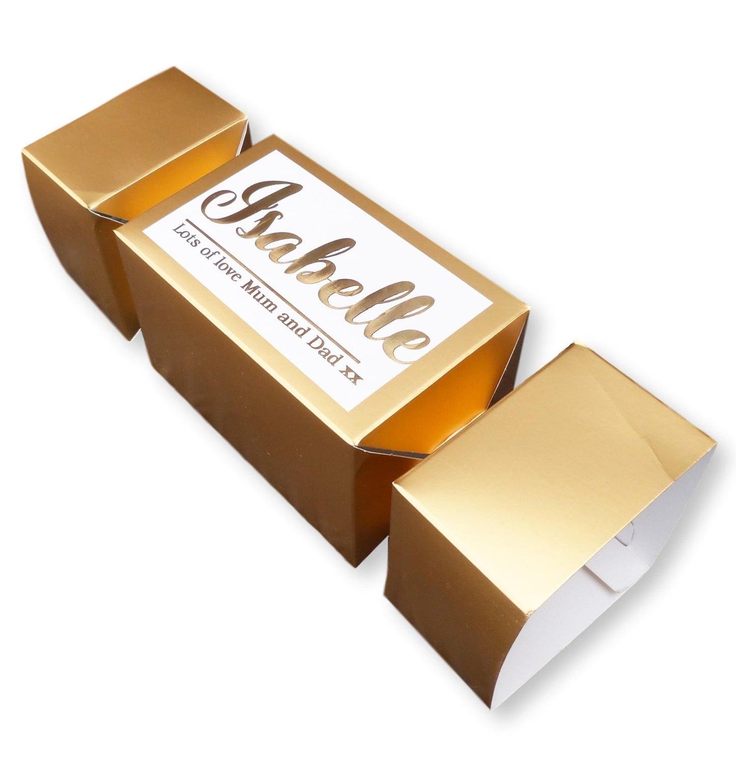 Personalised large Christmas cracker gift box printed name message gold green red purple blue silver