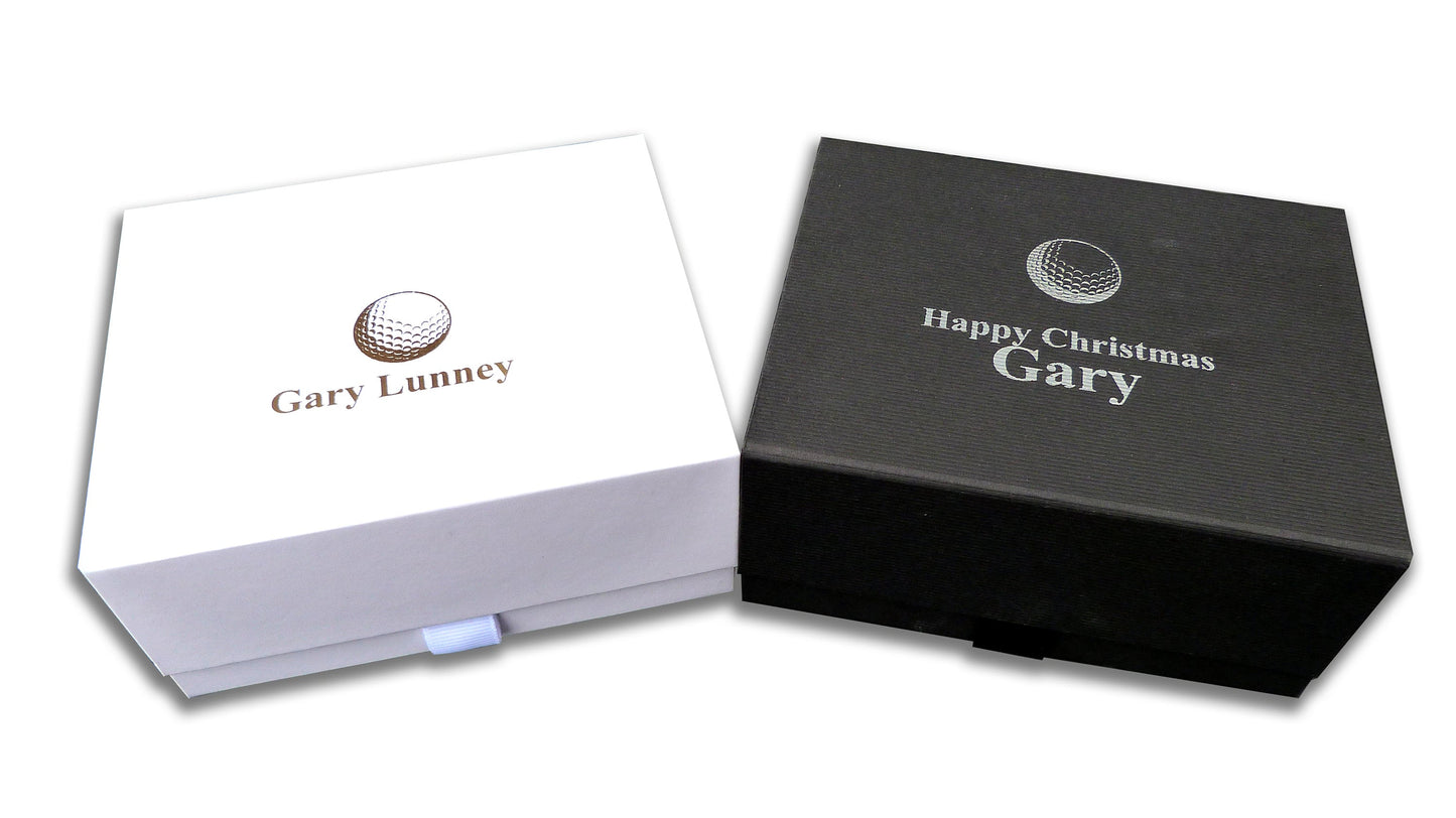 Personalised golf gift box socks, balls, tees, hip flask custom print christmas birthday golfer set