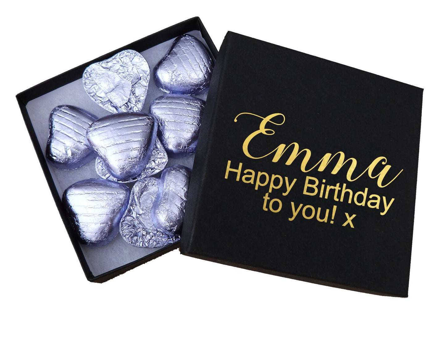 Personalised chocolates gift box gold foil Happy birthday name message love heart sweets