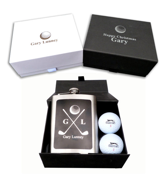 Personalised golf gift box socks, balls, tees, hip flask custom print christmas birthday golfer set