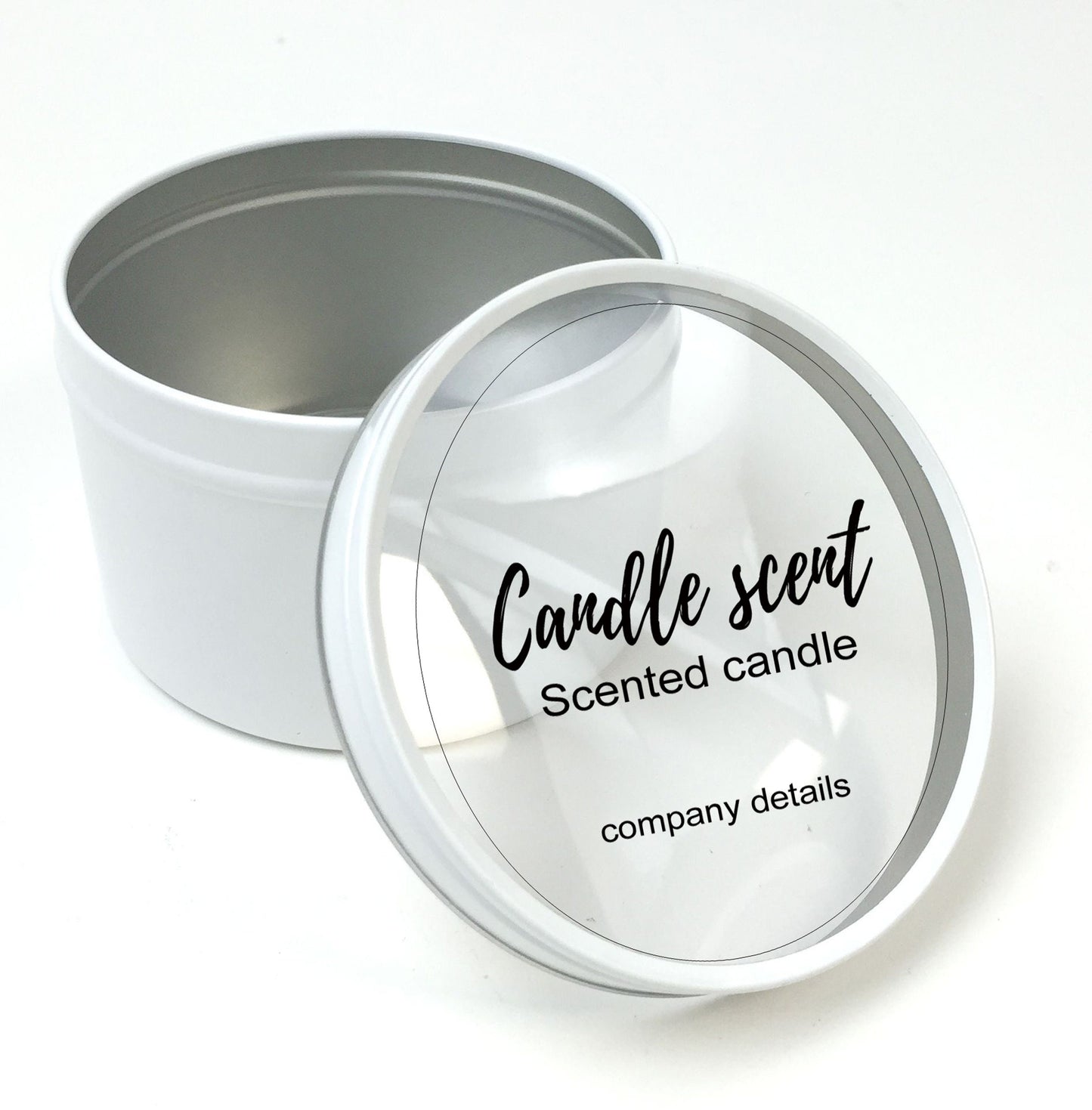 45mm diameter clear candle scent labels soy wax transparent personalised tin lid custom details