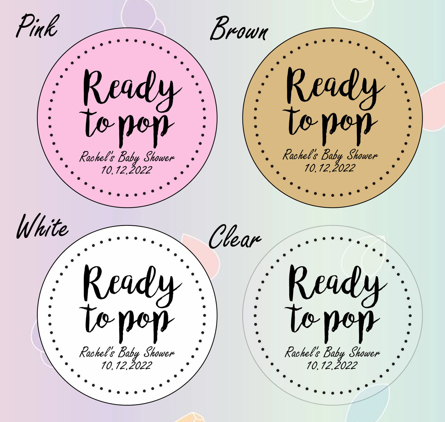 50 x 45mm round ready to pop baby shower personalised labels stickers pink, brown, white clear