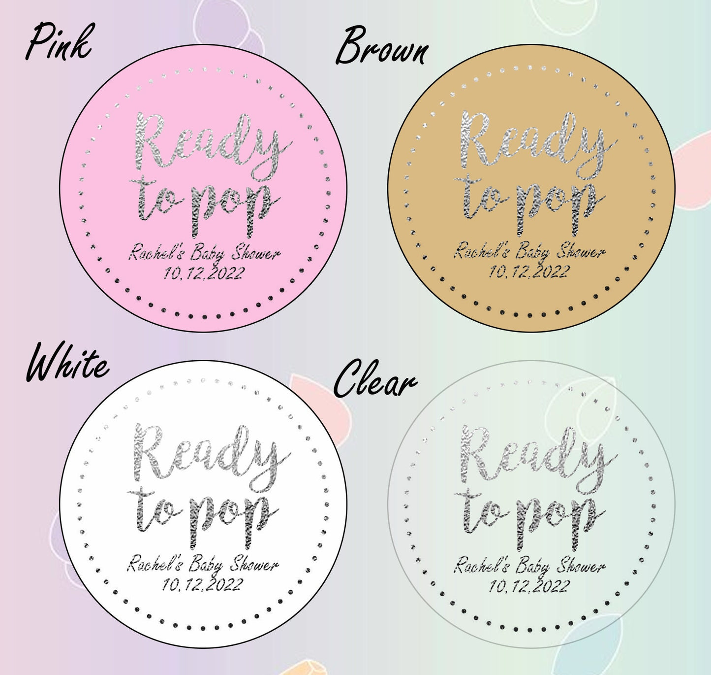 50 x 45mm round ready to pop baby shower silver foil personalised labels stickers pink, brown, white clear