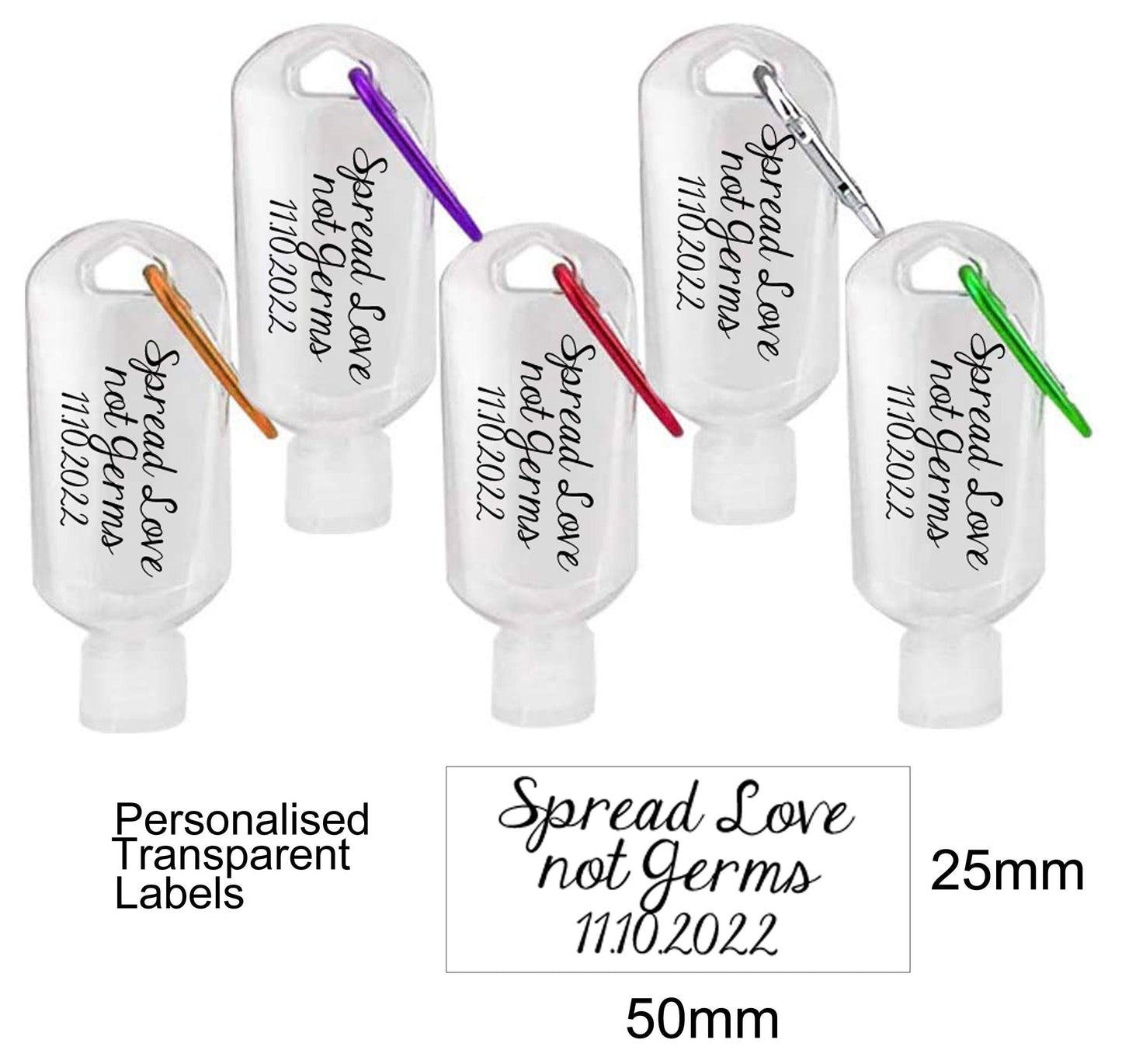 20 x spread love not germs personalised covid wedding empty sanitizer hand gel bottles wedding favour
