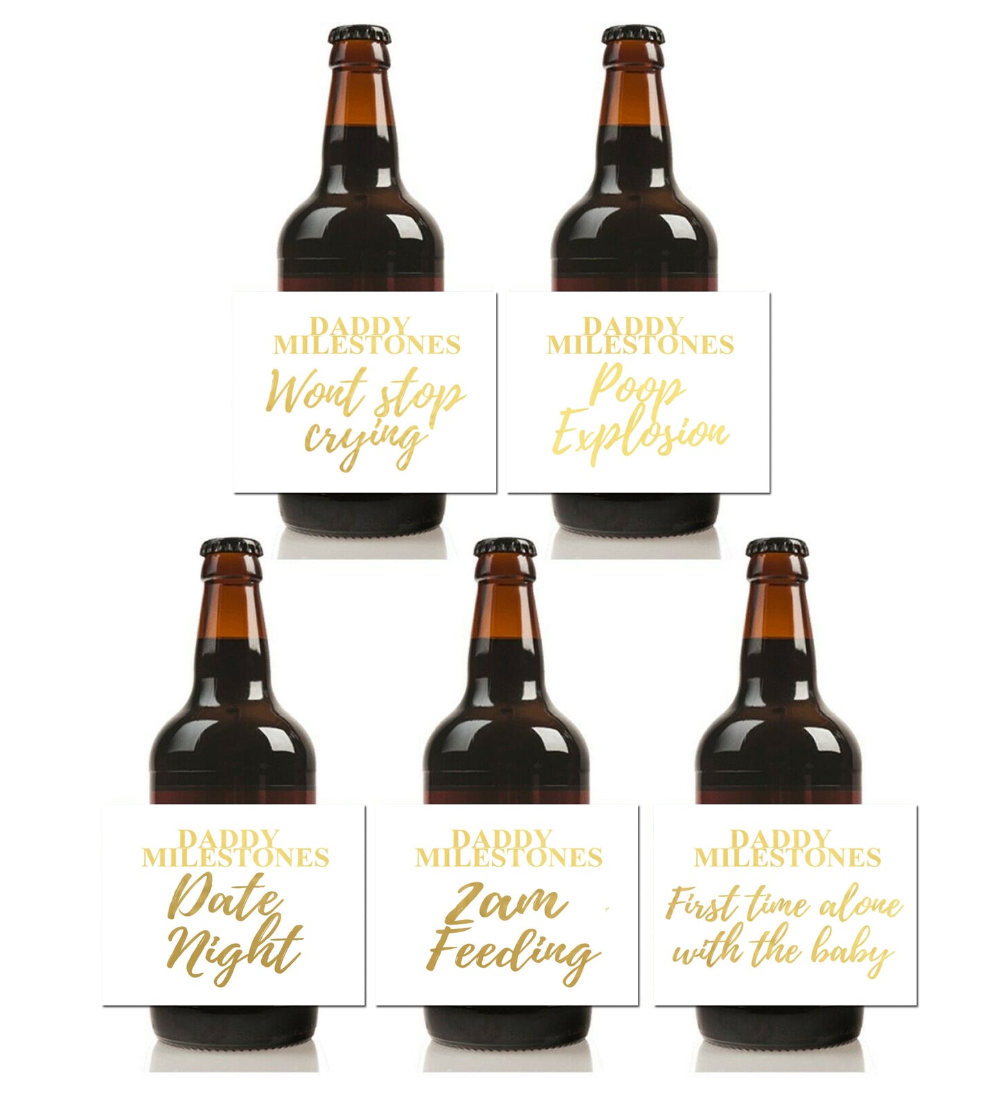 Daddy milestones vinyl beer bottle labels new dad gift white gold foil waterproof stickers