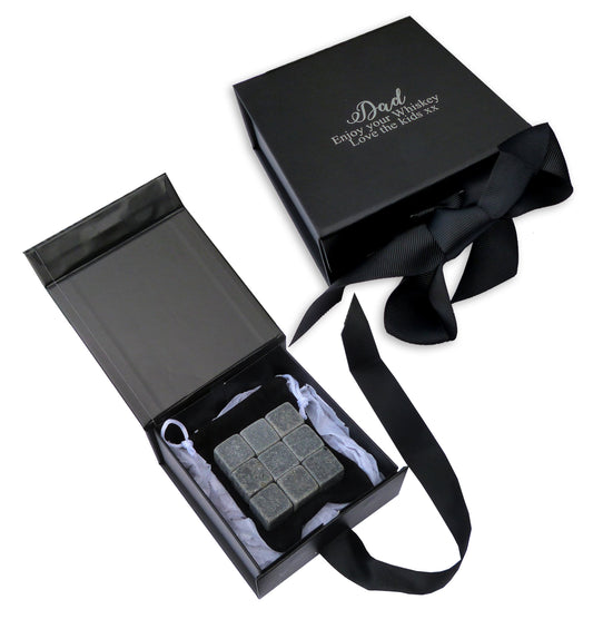 Personalised whiskey stones gift set black custom birthday christmas gift box silver foil print