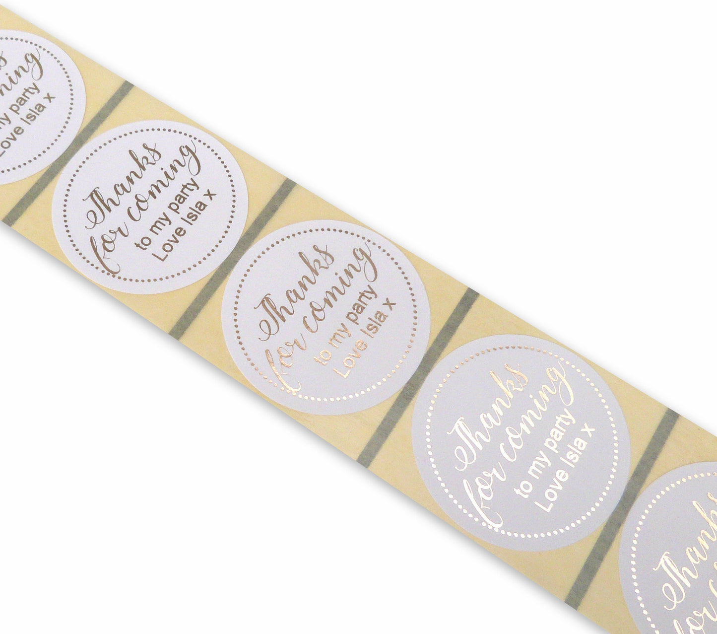 50 x 45mm round white gold foil thanks for coming to my party personalised girls birthday labels stickers