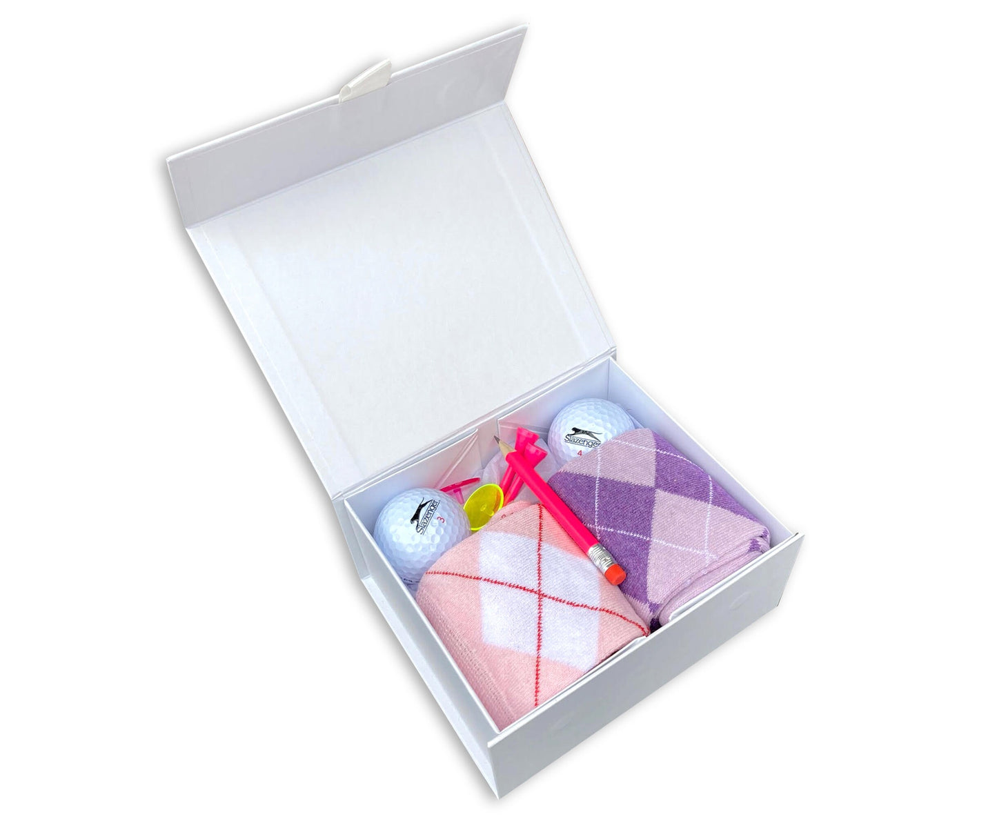 Personalised ladies golf gift box socks, balls womens custom print Christmas set