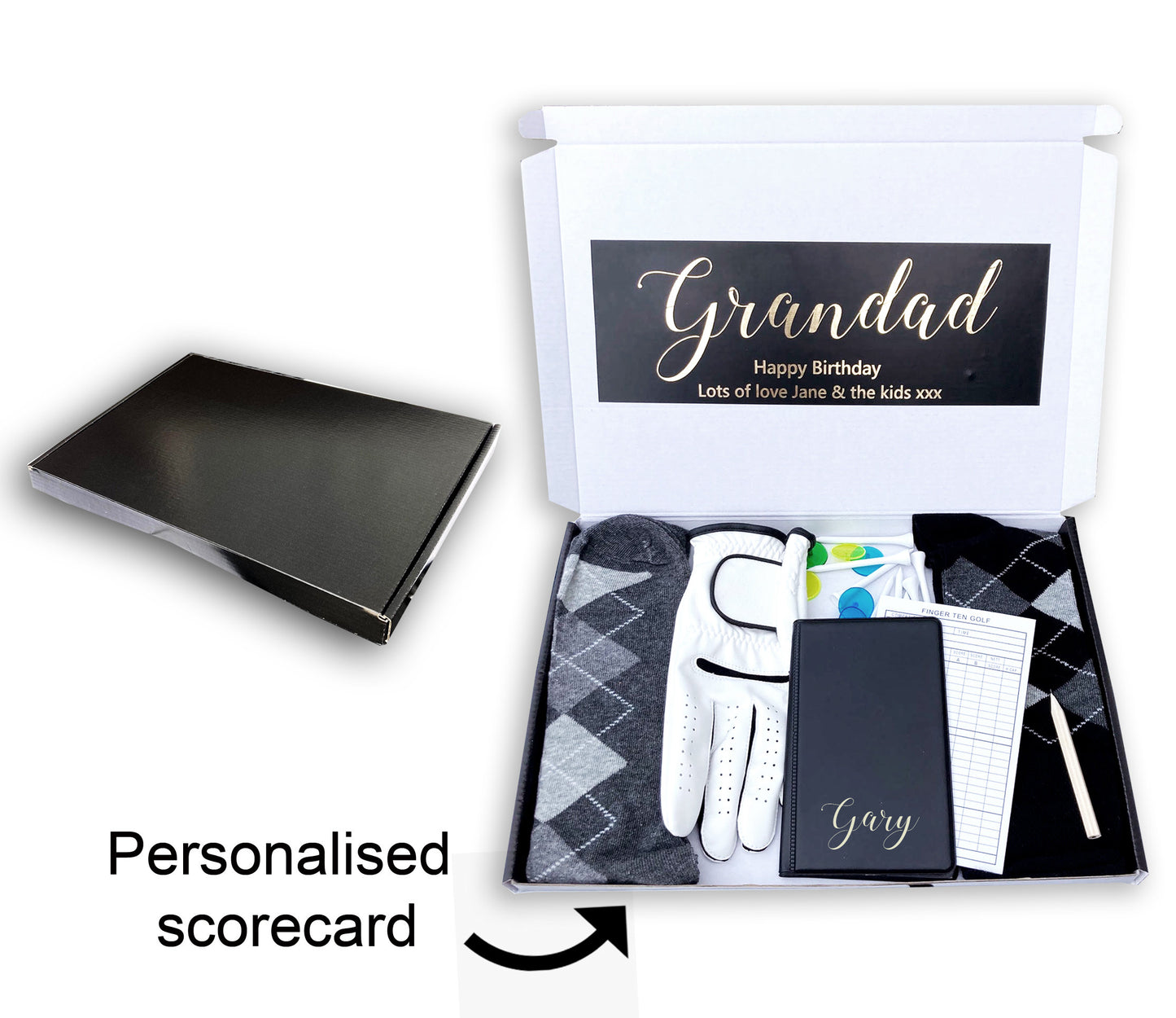 Personalised black golf box postal gift socks scorecard glove custom name birthday box socks glove custom message