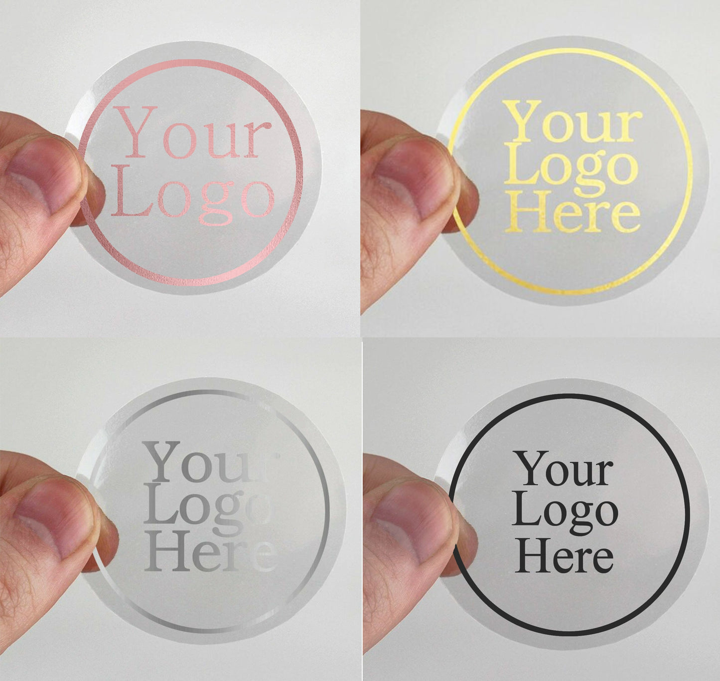 100 x Clear round 45mm 50mm 65mm 90mm stickers silver gold rose gold shiny foil logo transparent labels business stickers