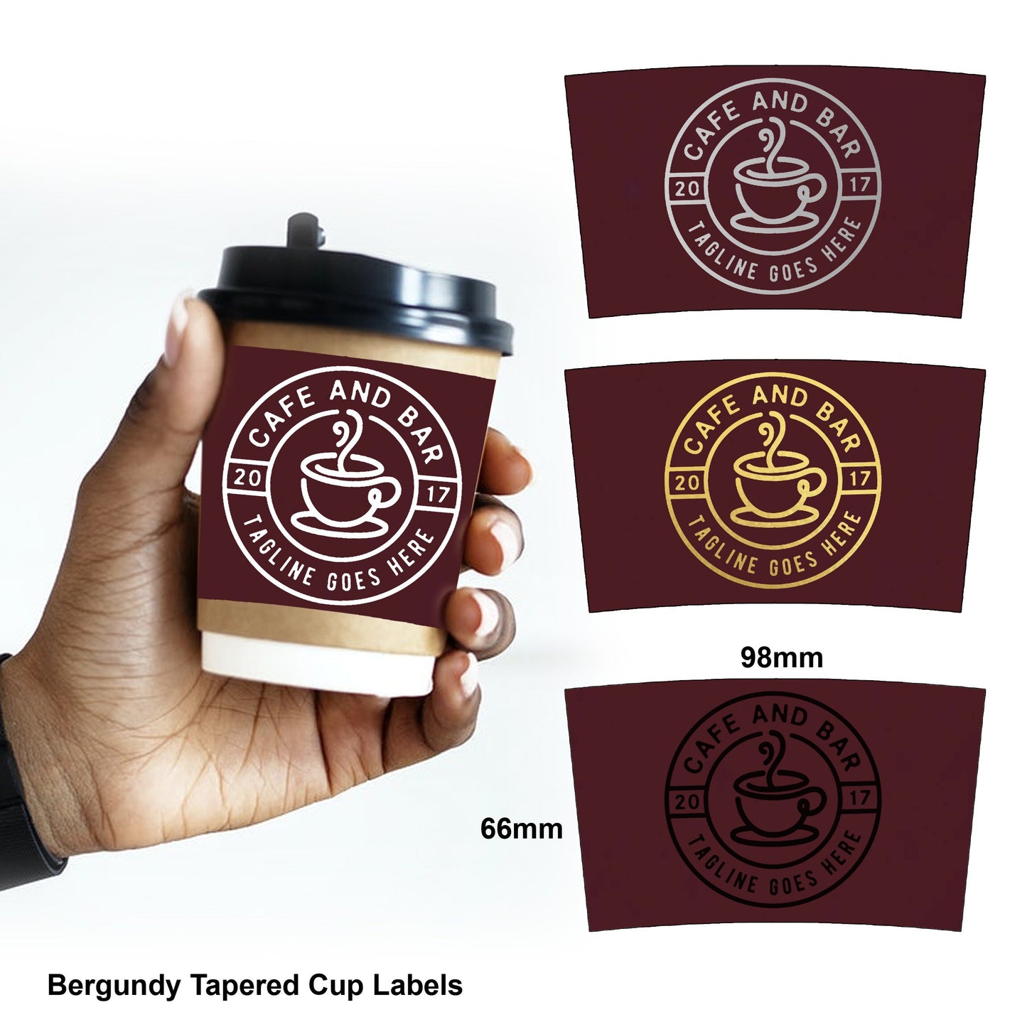 1000 x roll Custom Clear logo Tapered cup labels coffee tea disposable branding curved stickers takeaway