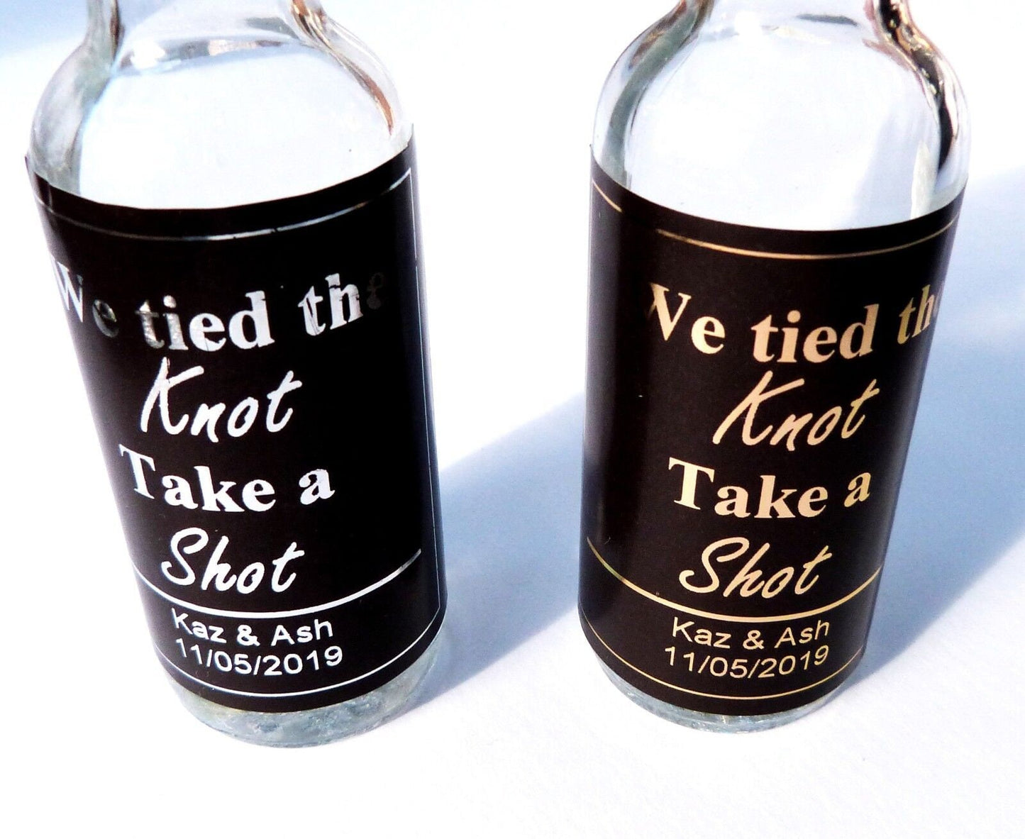 Wedding favour alcohol bottles black labels gold silver print we tied the knot