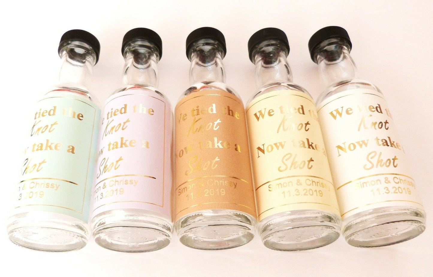 Wedding favour alcohol bottles and personalized gold stickers labels- we tied the knot take a shot