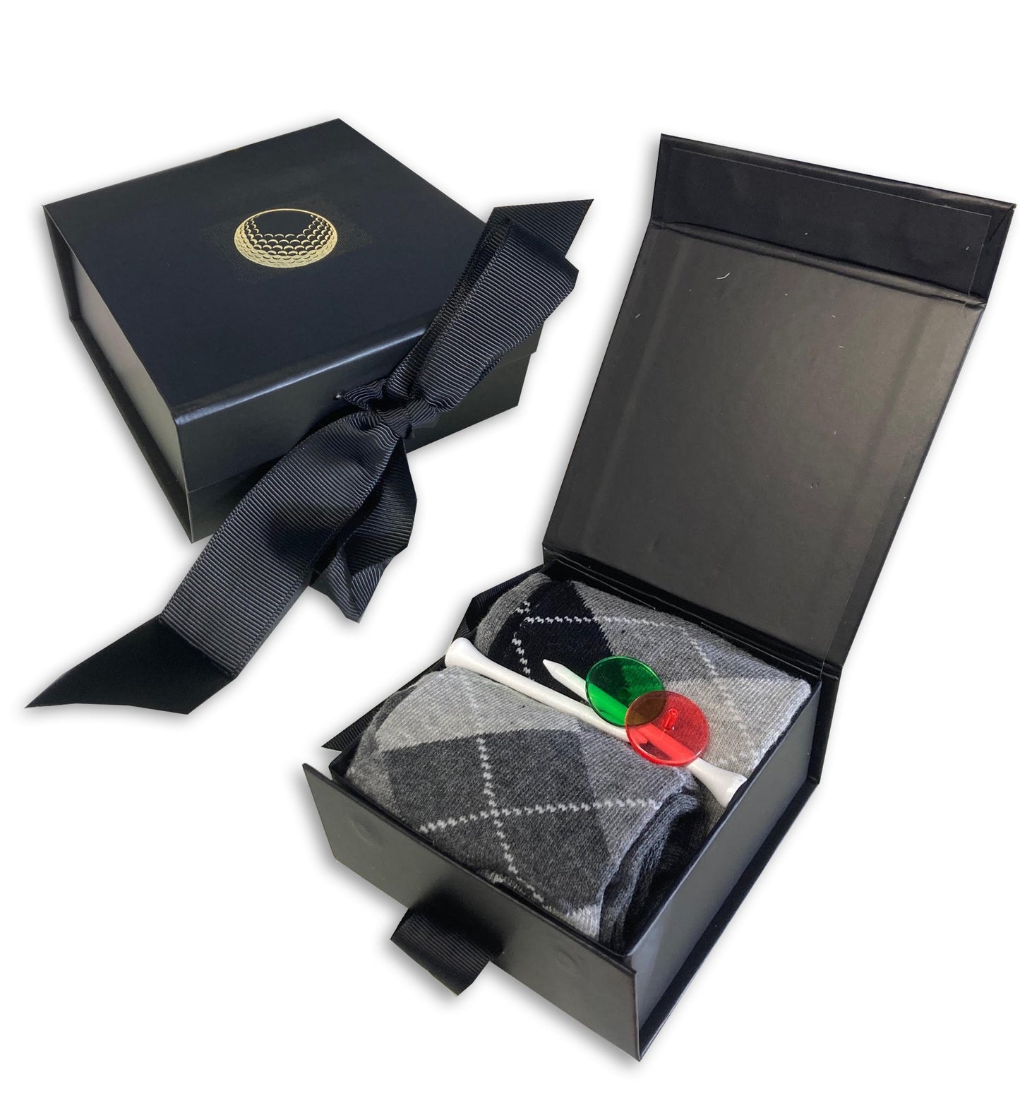 Golf gift for him / her gold printed ball socks tees markers christmas gift box