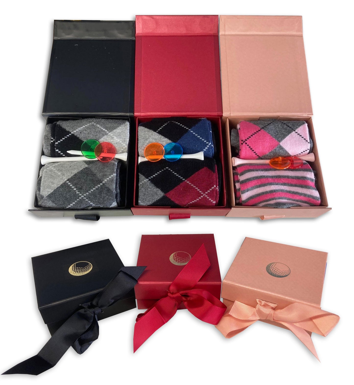 Golf gift for him / her gold printed ball socks tees markers christmas gift box