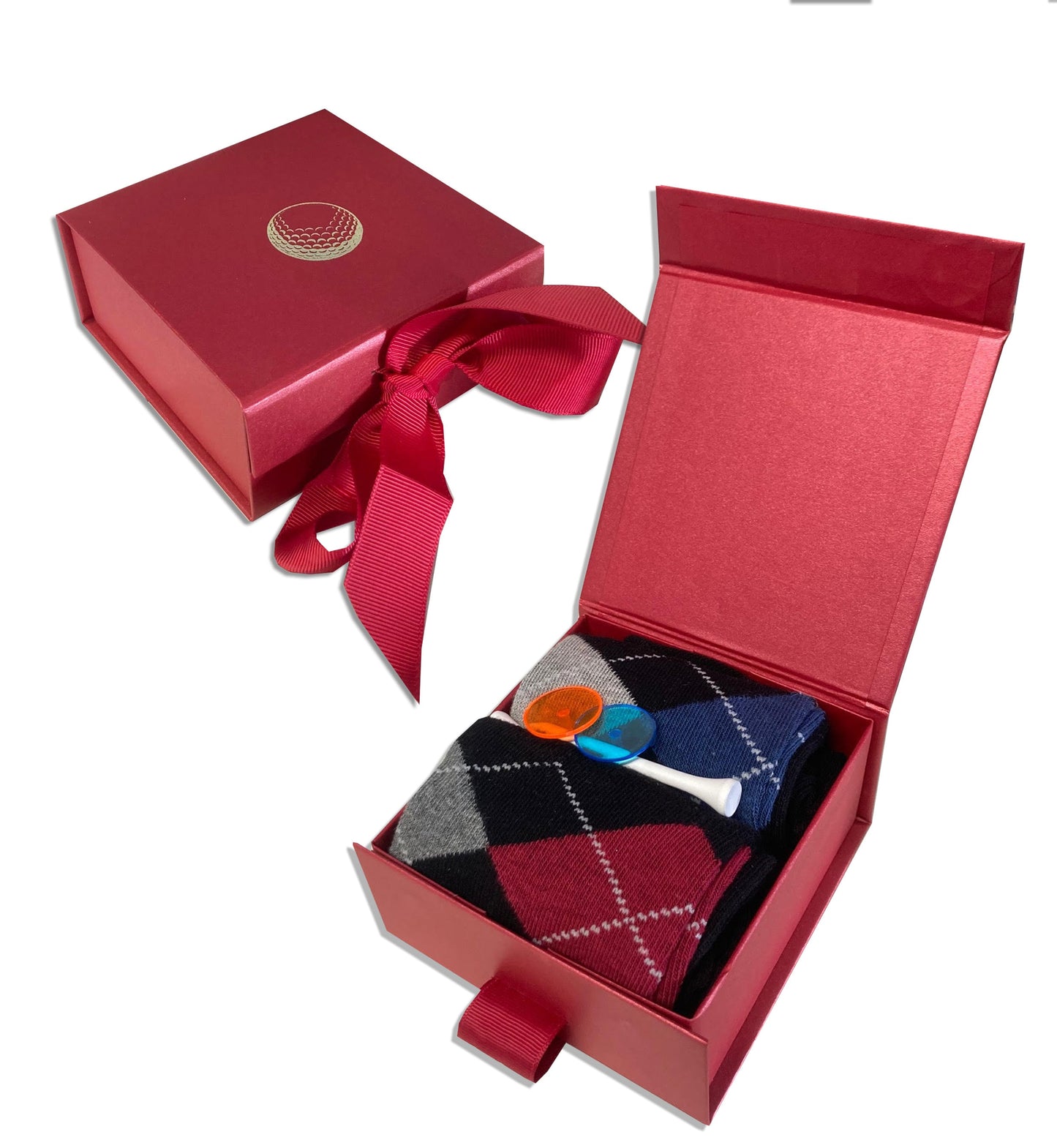 Golf gift for him Red box gold printed ball socks tees markers christmas gift box dad grandad golfer
