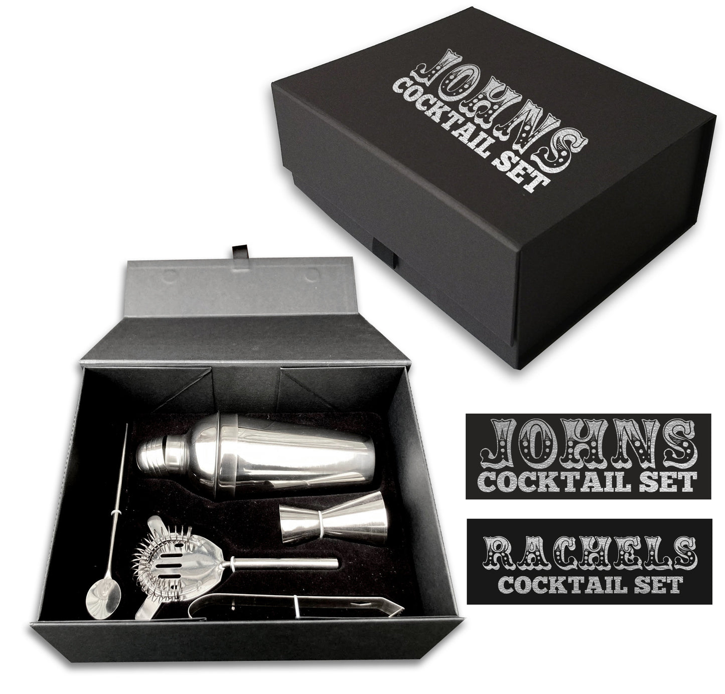 Personalized cocktail kit, wine bar gift, mini bar black box silver name barware set gift for him gift for her, birthday gift