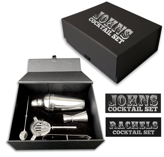 Personalized cocktail kit, wine bar gift, mini bar black box silver name barware set gift for him gift for her, birthday gift