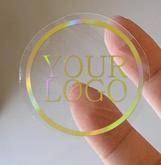 100 x Clear round 45mm 50mm 90mm stickers holographic gold shiny rainbow foil logo transparent labels business stickers