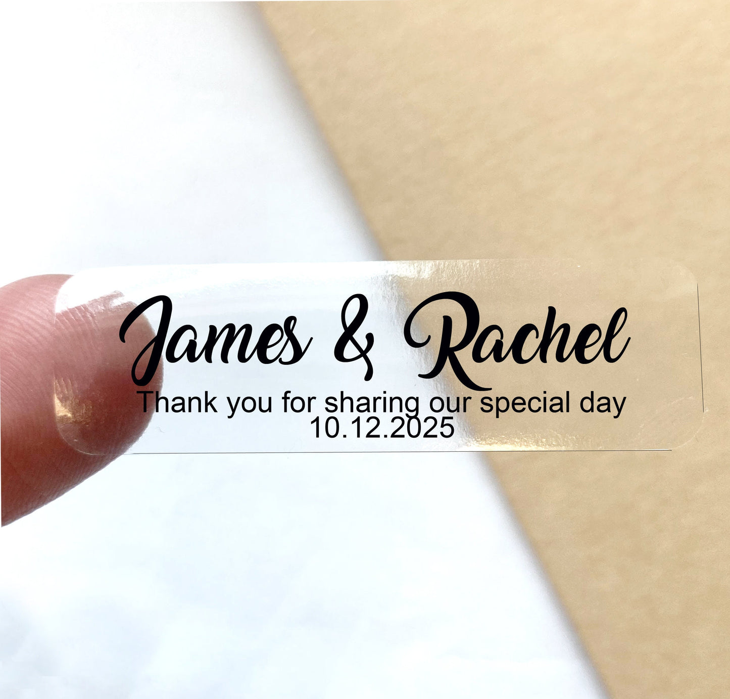 Custom Wedding favour stickers, clear transparent labels, gold, silver, rose gold any text, small favour waterproof stickers