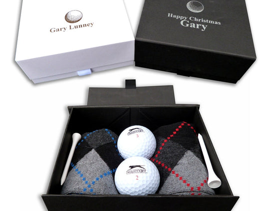Personalised golf gift box socks, balls, tees, custom print christmas birthday golfer set