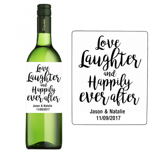 10 x personalised wine bottle labels for wedding table, centrepiece love laughter
