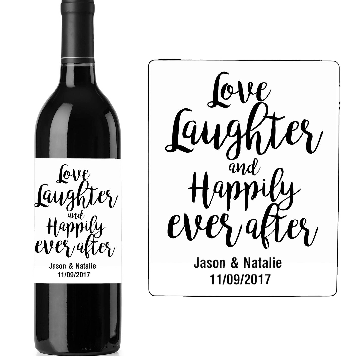 10 x personalised wine bottle labels for wedding table, centrepiece love laughter