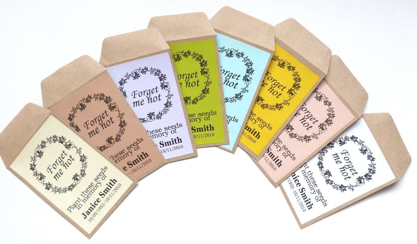 100 x funeral seed packets- forget me not personalised envelopes and stickers